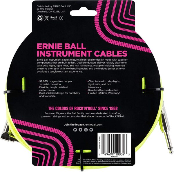 Ernie Ball Cable para guitarra o bajo Amarillo Neon 18 f